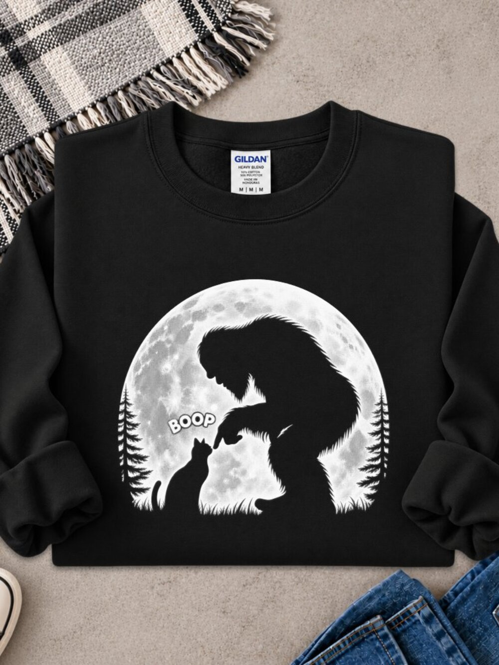 Bigfoot Boop Cat Sweatshirt Adult Unisex Graphic Crewneck Funny Animal Full Moon